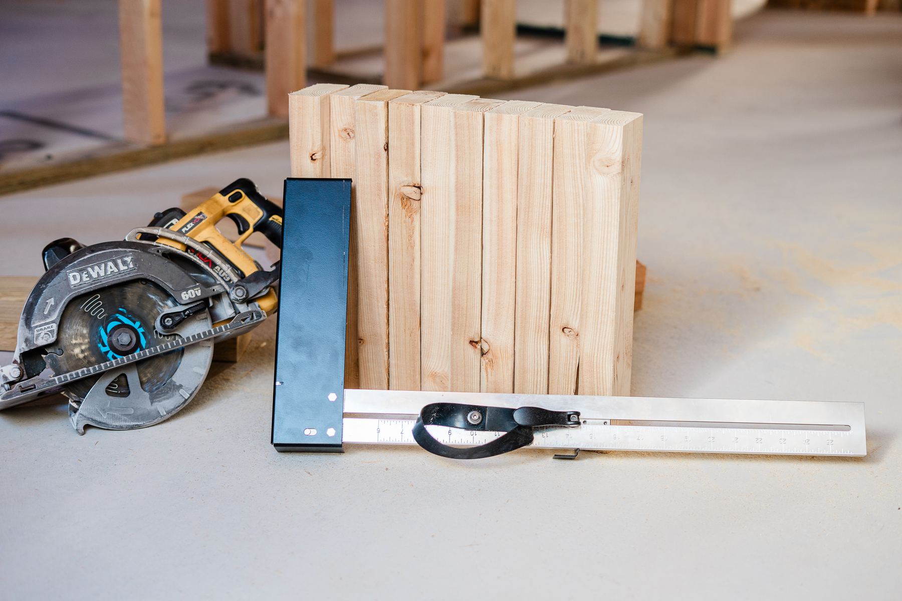 The patent-pending CutBoss cutting jig with a circular saw and cut blocking